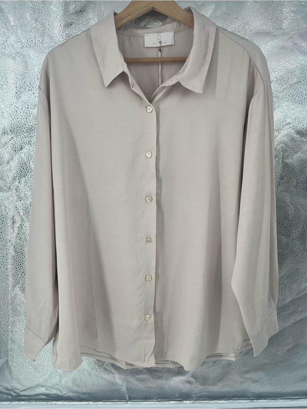 Made In Italy 100% Tencel Silk Neutral Beige Long Sleeve Button-Down Shirt L